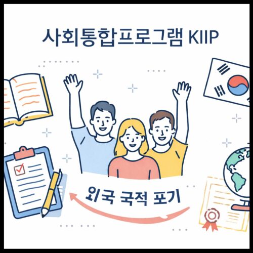대한민국 국적 취득을 위한 사회통합프로그램(KIIP) 이수 및 외국 국적 포기 절차 안내 일러스트
