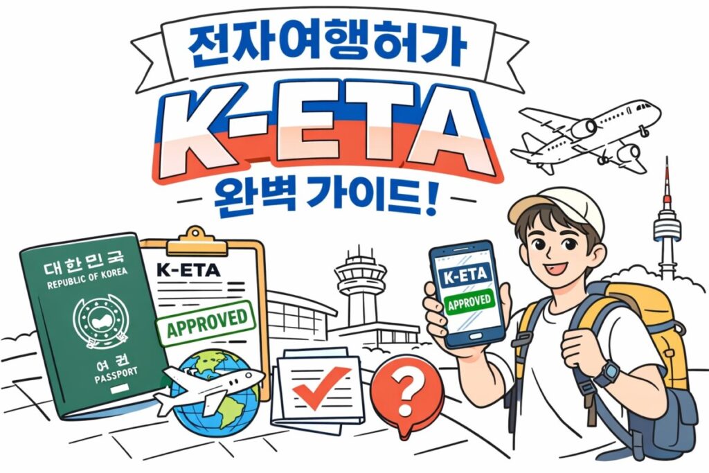 대한민국 국적 미보유 외국인을 위한 K-ETA 전자여행허가 신청 및 승인 가이드 일러스트. 여권, 비행기, 남산타워 배경과 함께 승인(Approved) 메시지가 표시된 스마트폰을 든 여행객의 모습.